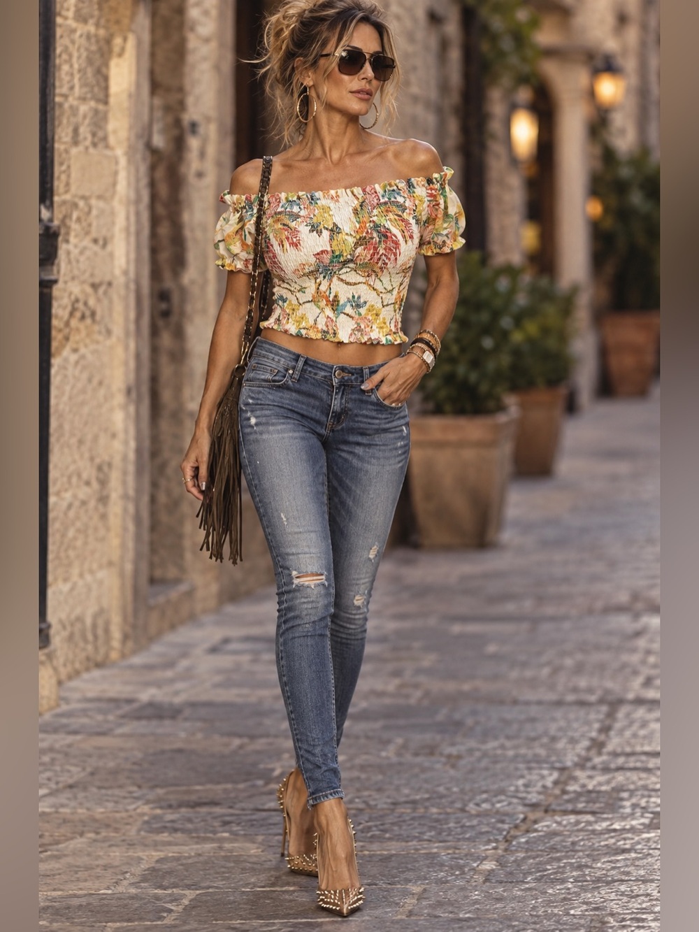 Rose + Olivia sz SM off shoulder floral print ruched crop top NWOT